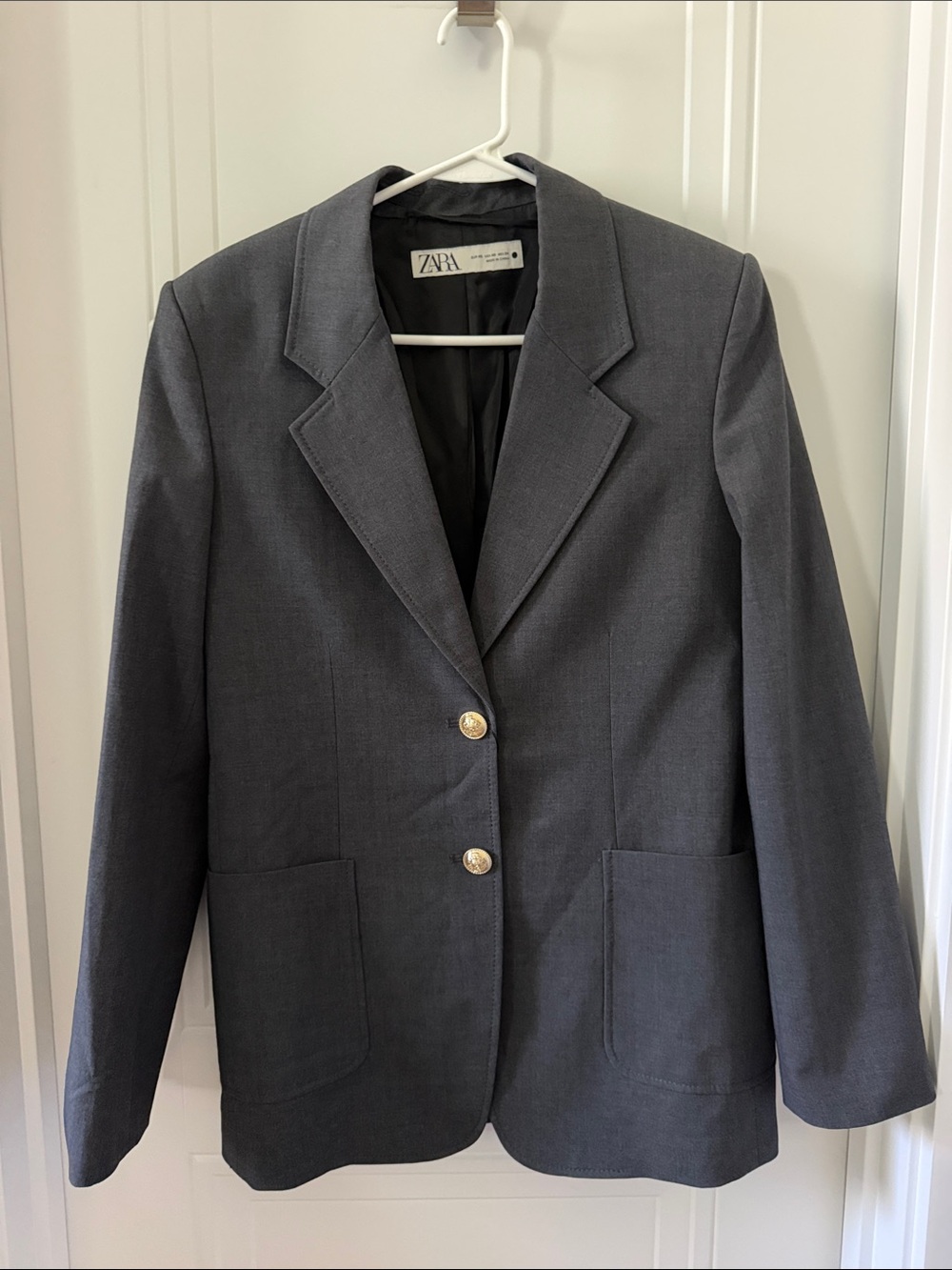 Zara Charcoal Gray Single-Breasted Blazer with Gold Buttons